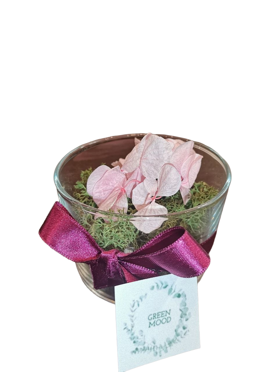 Vasetto in vetro con lichene e ortensie stabilizzato