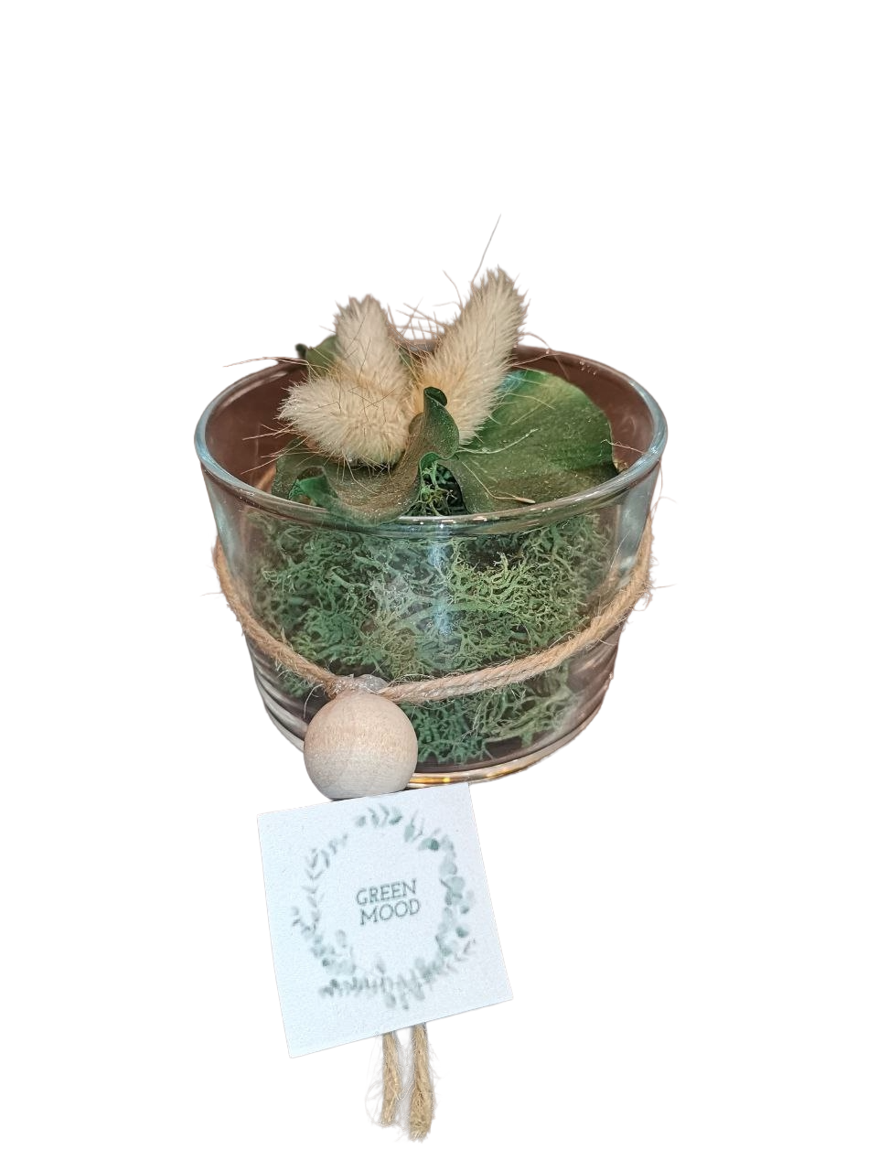 Vasetto in vetro con lichene e ortensie stabilizzato